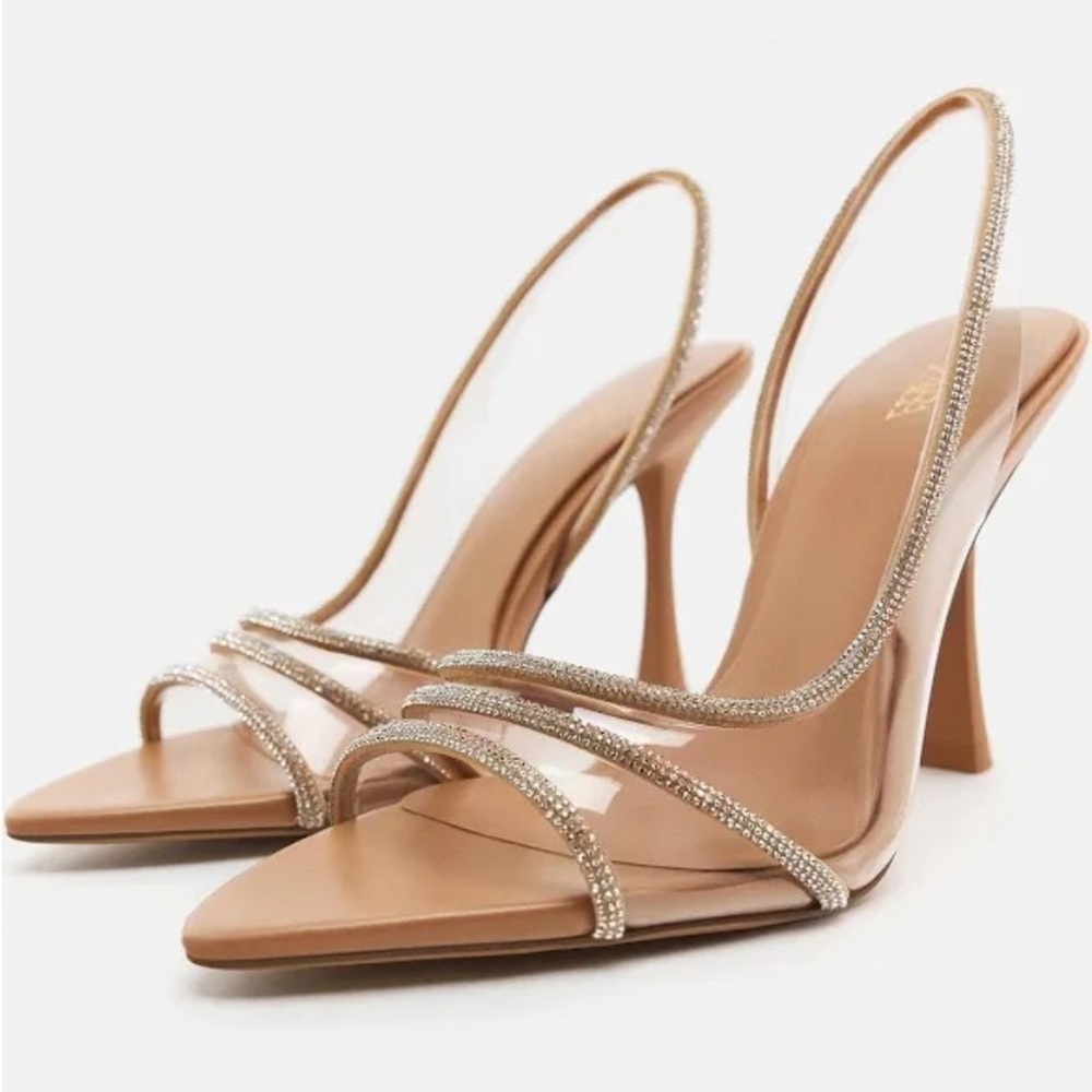 Zara Tan Heeled Slingback Sandals with Metallic Straps